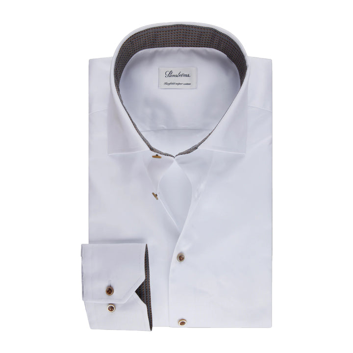 White with Brown Contrast Fitted Body Twill Shirt - Stenströms