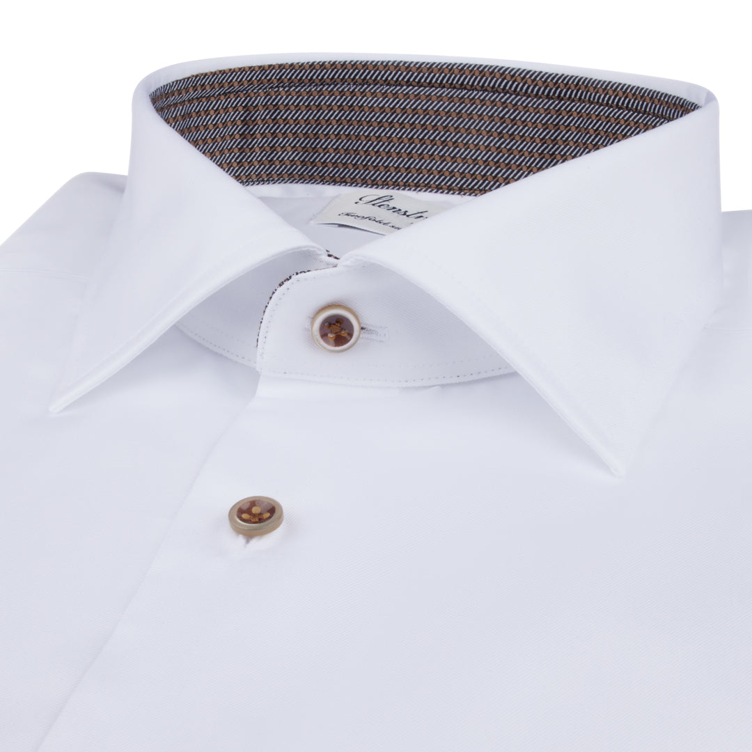 White with Brown Contrast Fitted Body Twill Shirt - Stenströms