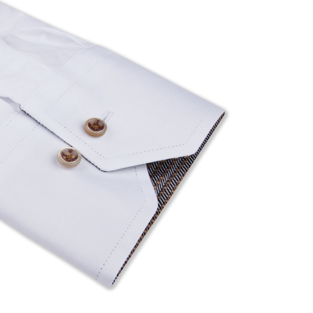 White with Brown Contrast Fitted Body Twill Shirt - Stenströms