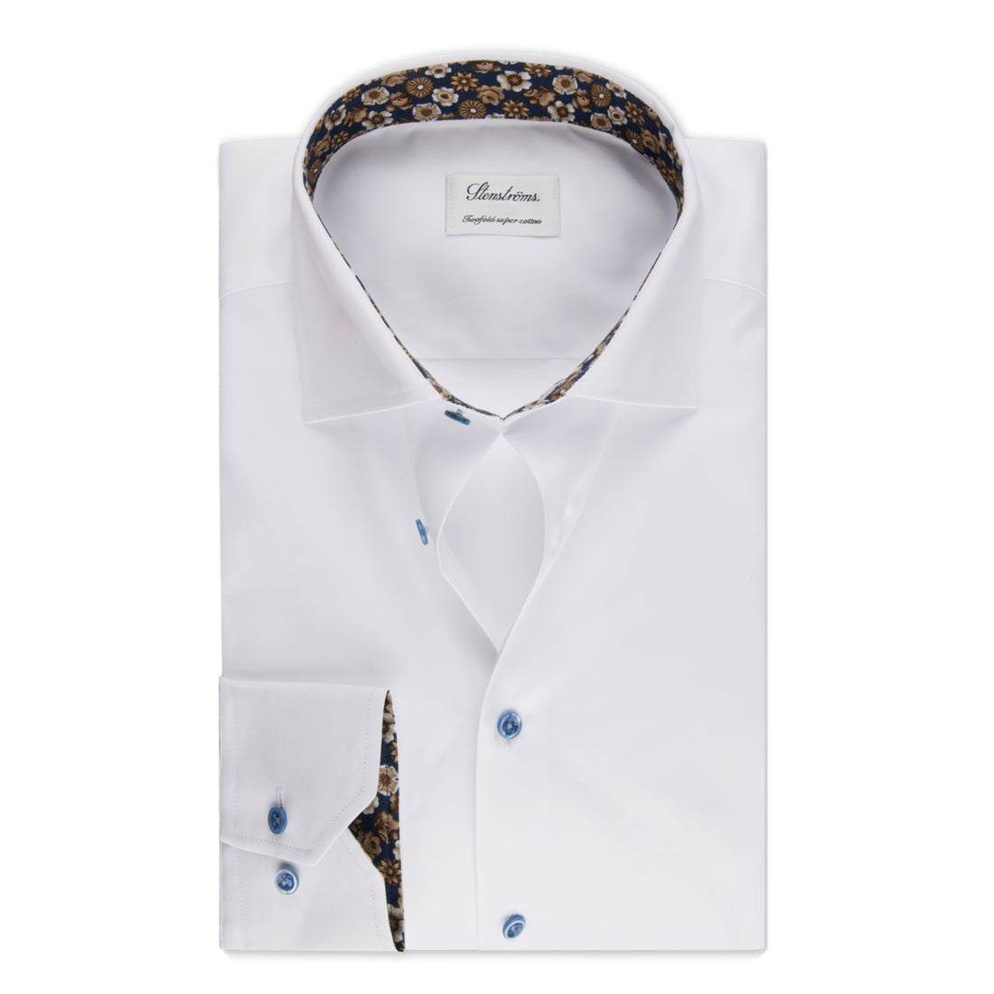 White w/ Floral Contrast Twill Fitted Body Shirt - Stenströms