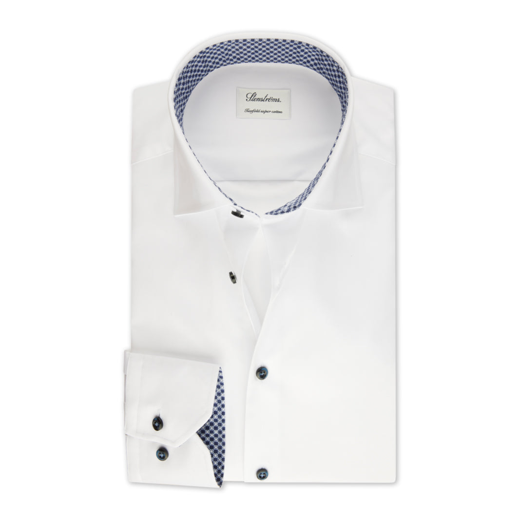 White Twill Contrast Geometric Trim Fitted Body Dress Shirt