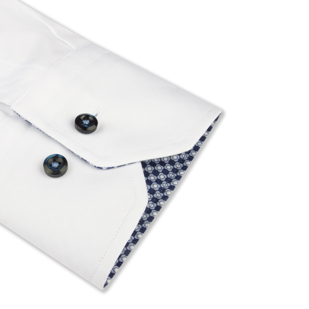 White Twill Contrast Geometric Trim Fitted Body Dress Shirt