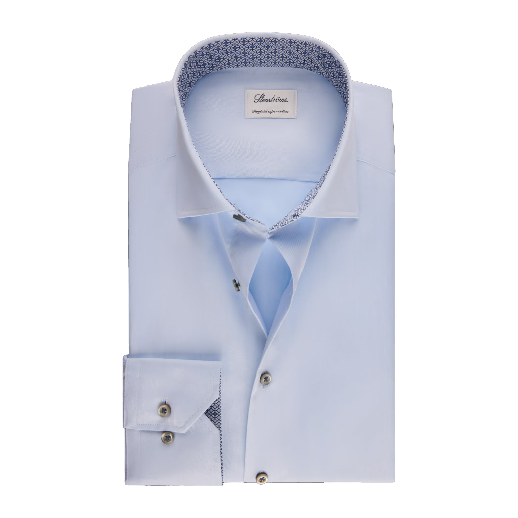 Light Blue Twill Fitted Body Dress Shirt With Geometric Trim - Stenströms