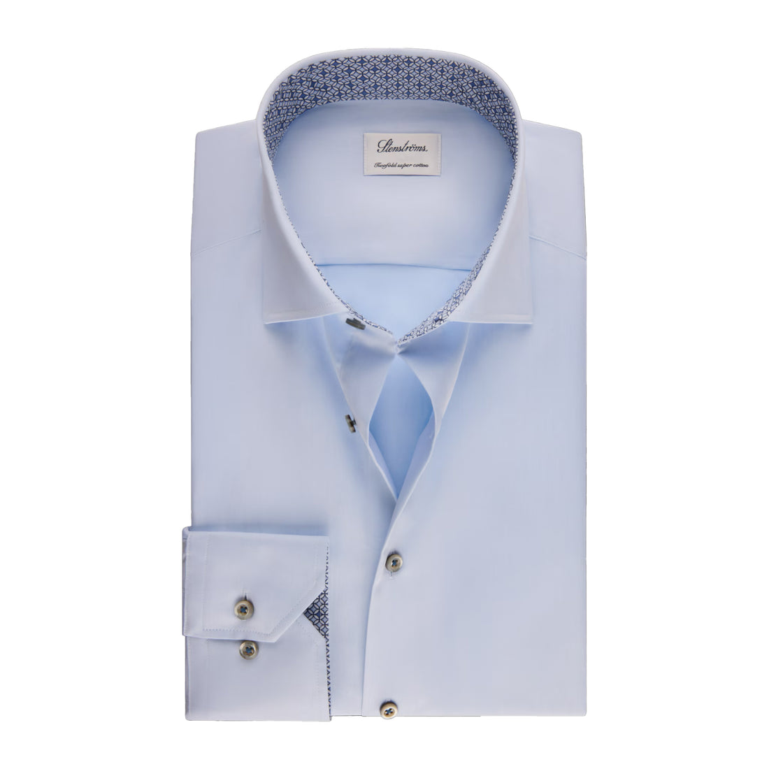 Light Blue Twill Fitted Body Dress Shirt With Geometric Trim - Stenströms