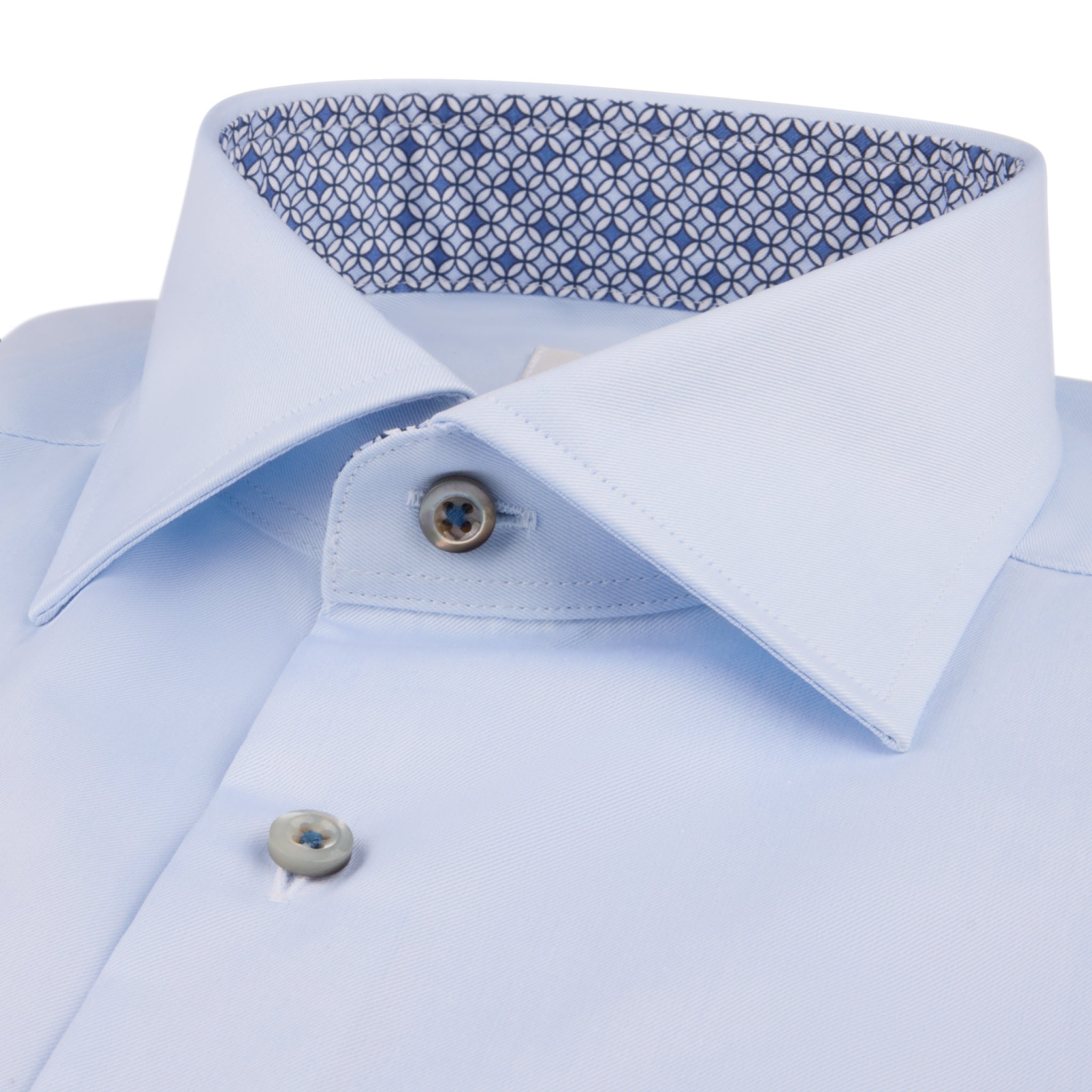Light Blue Twill Fitted Body Dress Shirt With Geometric Trim - Stenströms