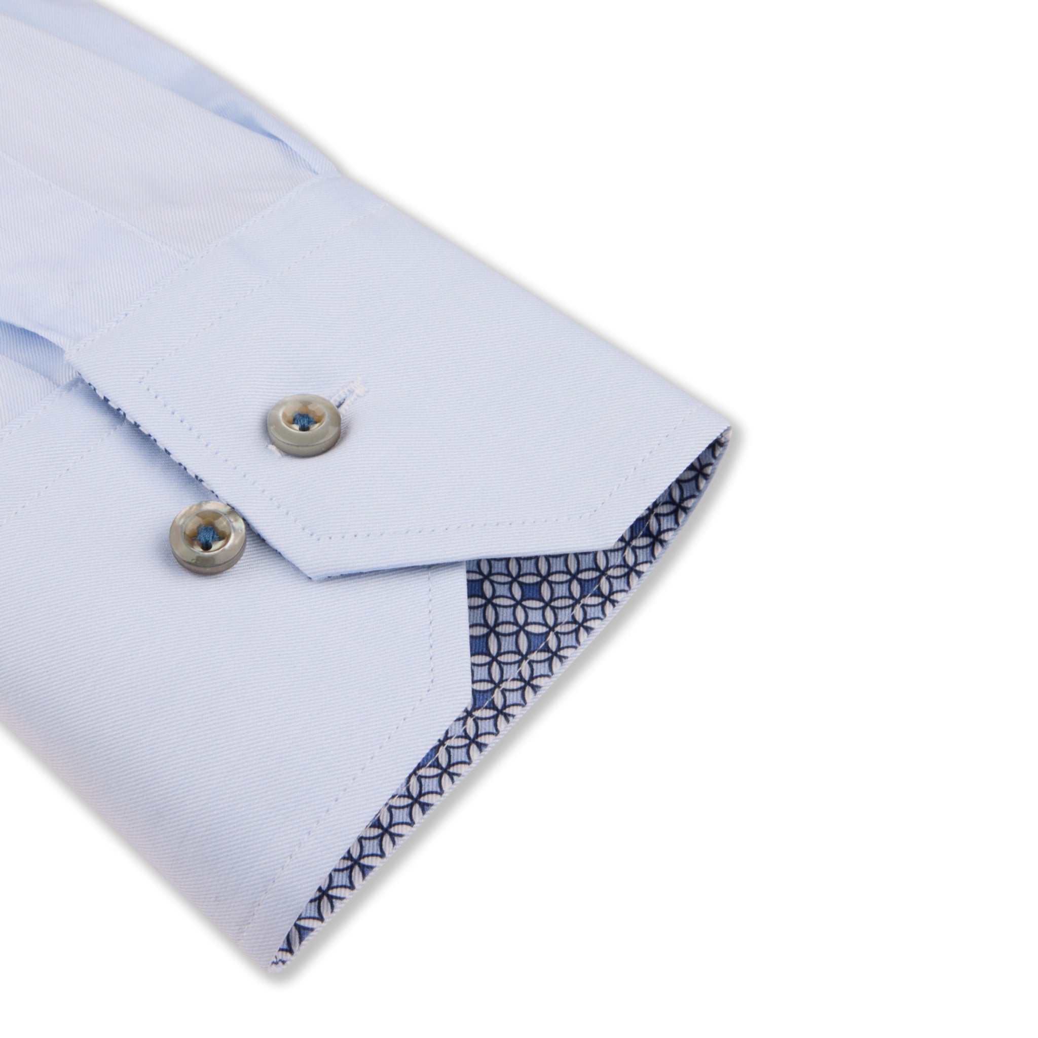 Light Blue Twill Fitted Body Dress Shirt With Geometric Trim - Stenströms