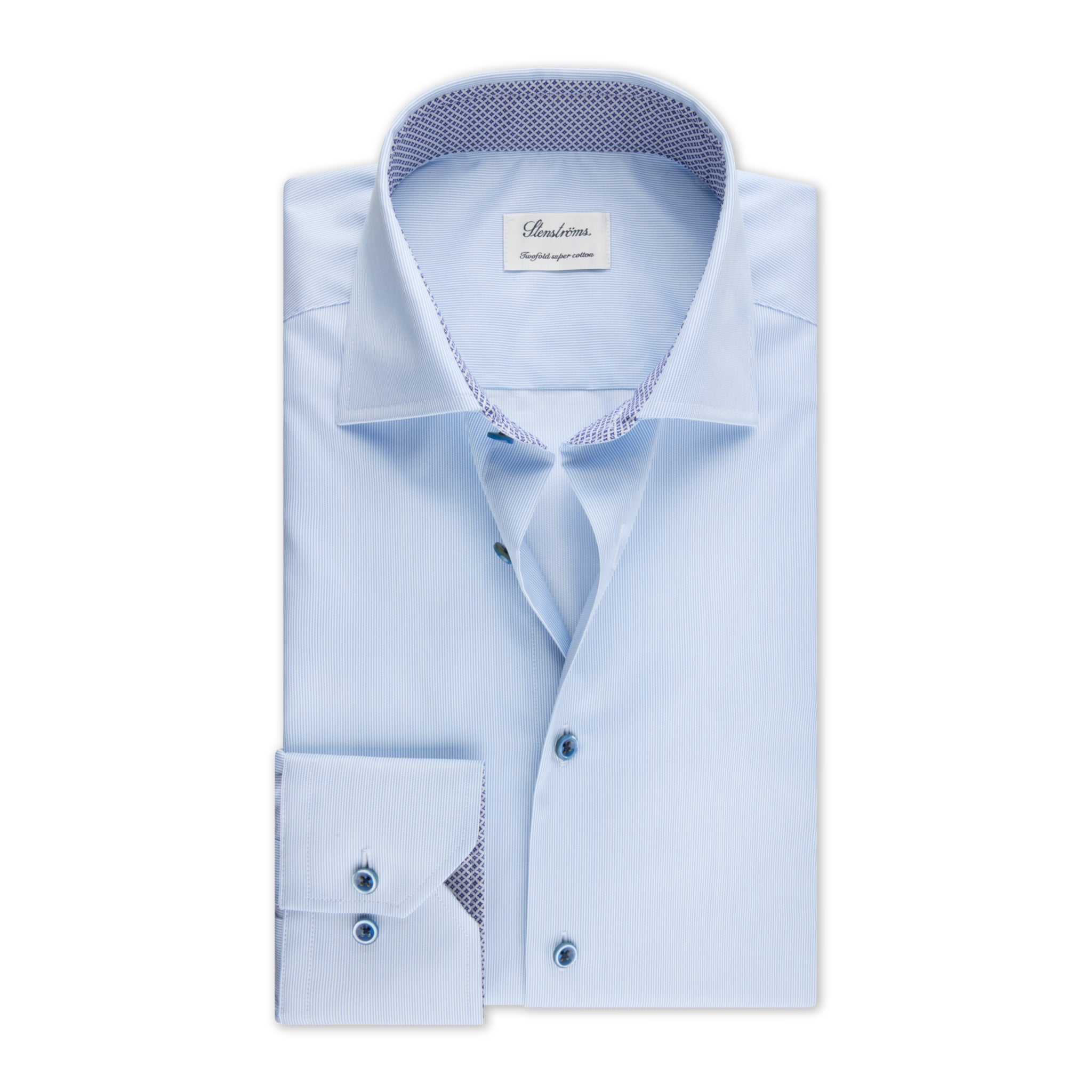 Light Blue Fine Stripe Twill Fitted Body Shirt with Contrast Trims - Stenströms