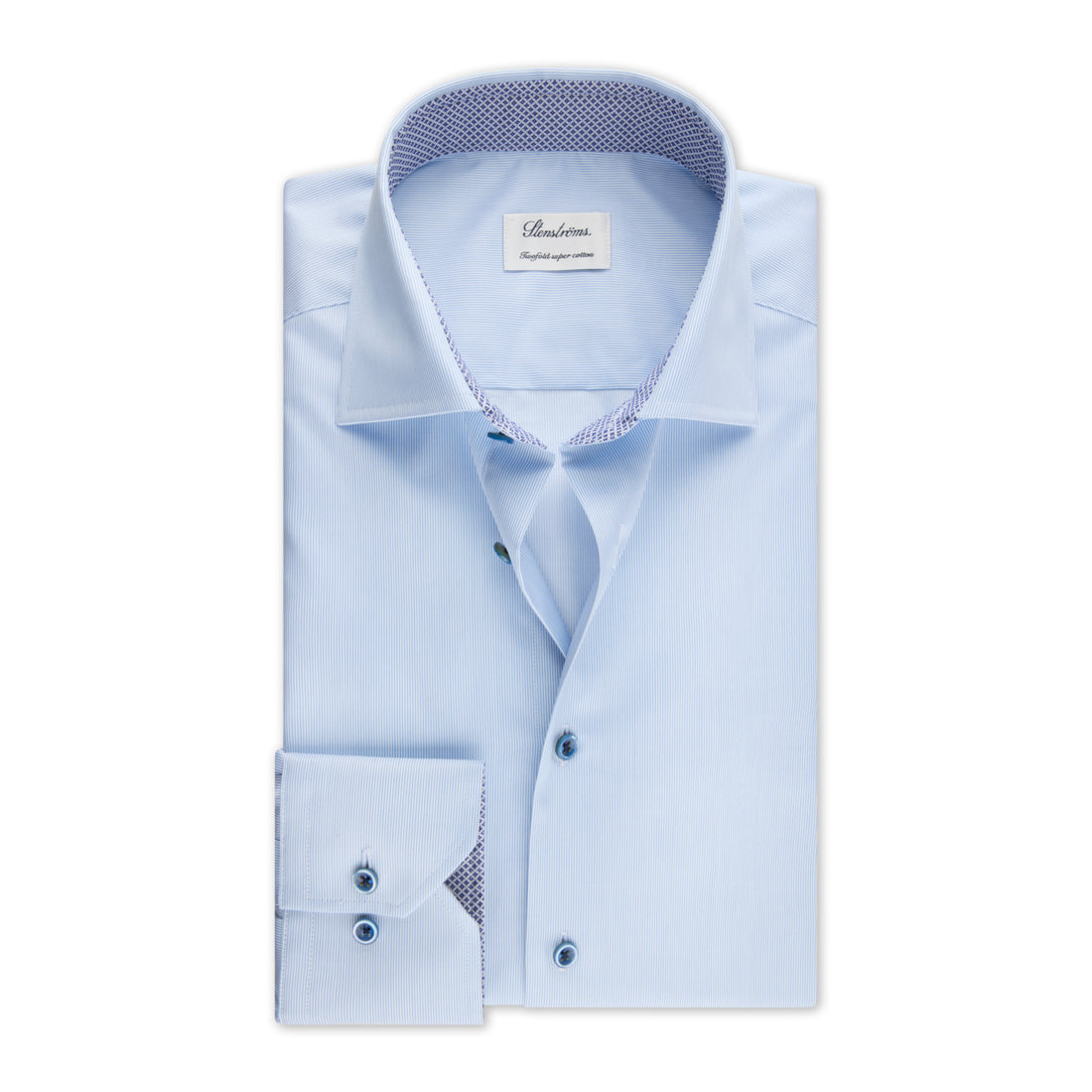 Light Blue Fine Stripe Twill Fitted Body Shirt with Contrast Trims - Stenströms
