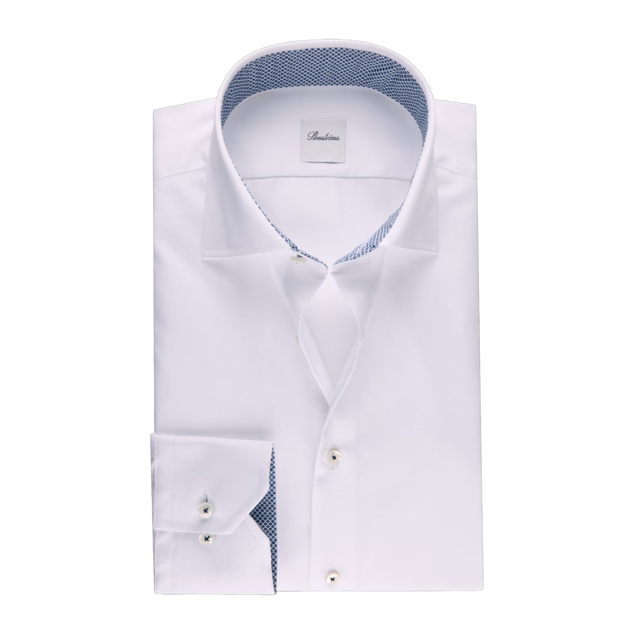 White w/ Contrast Trim Cotton Twill Regular Fit Dress Shirt - Stenströms