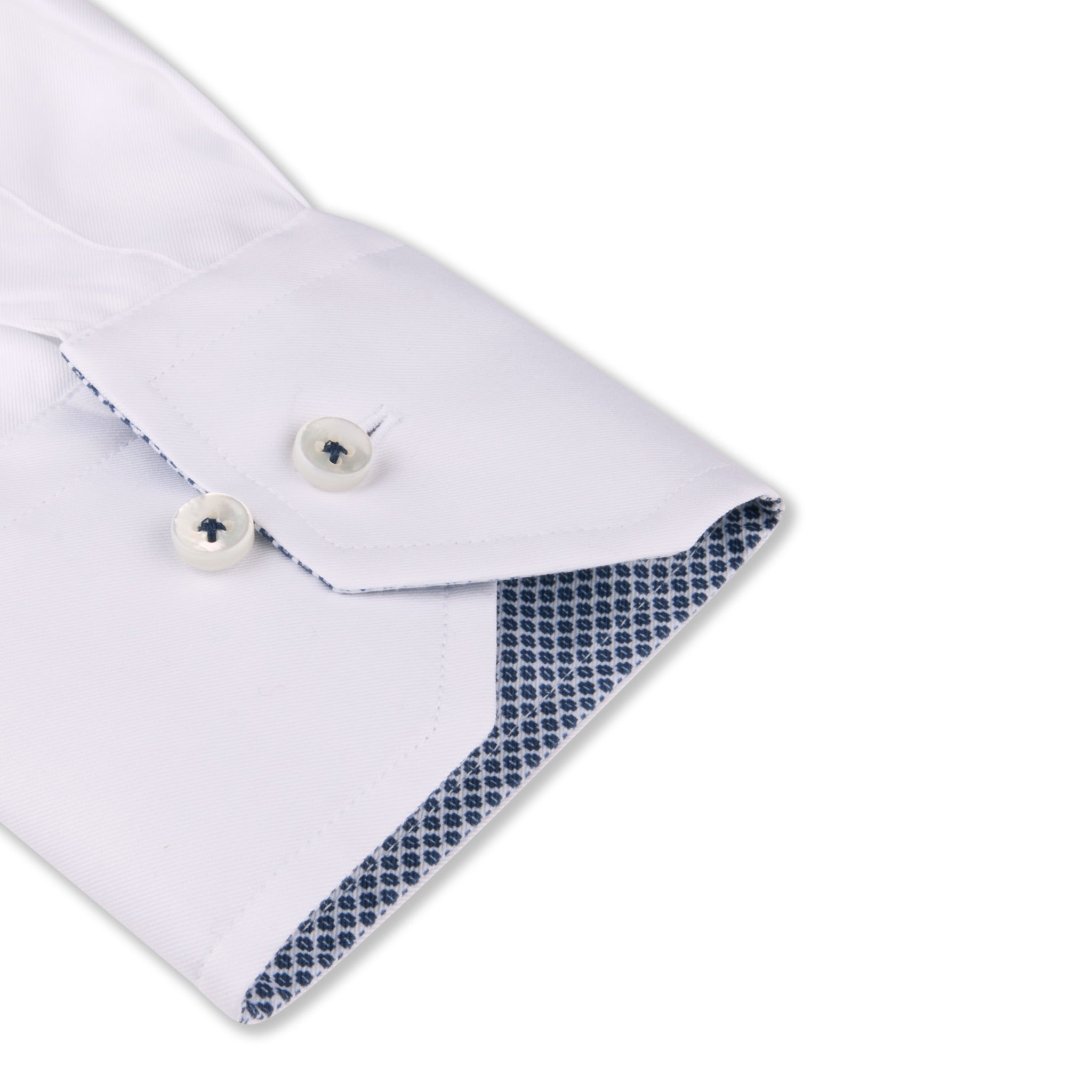 White w/ Contrast Trim Cotton Twill Regular Fit Dress Shirt - Stenströms