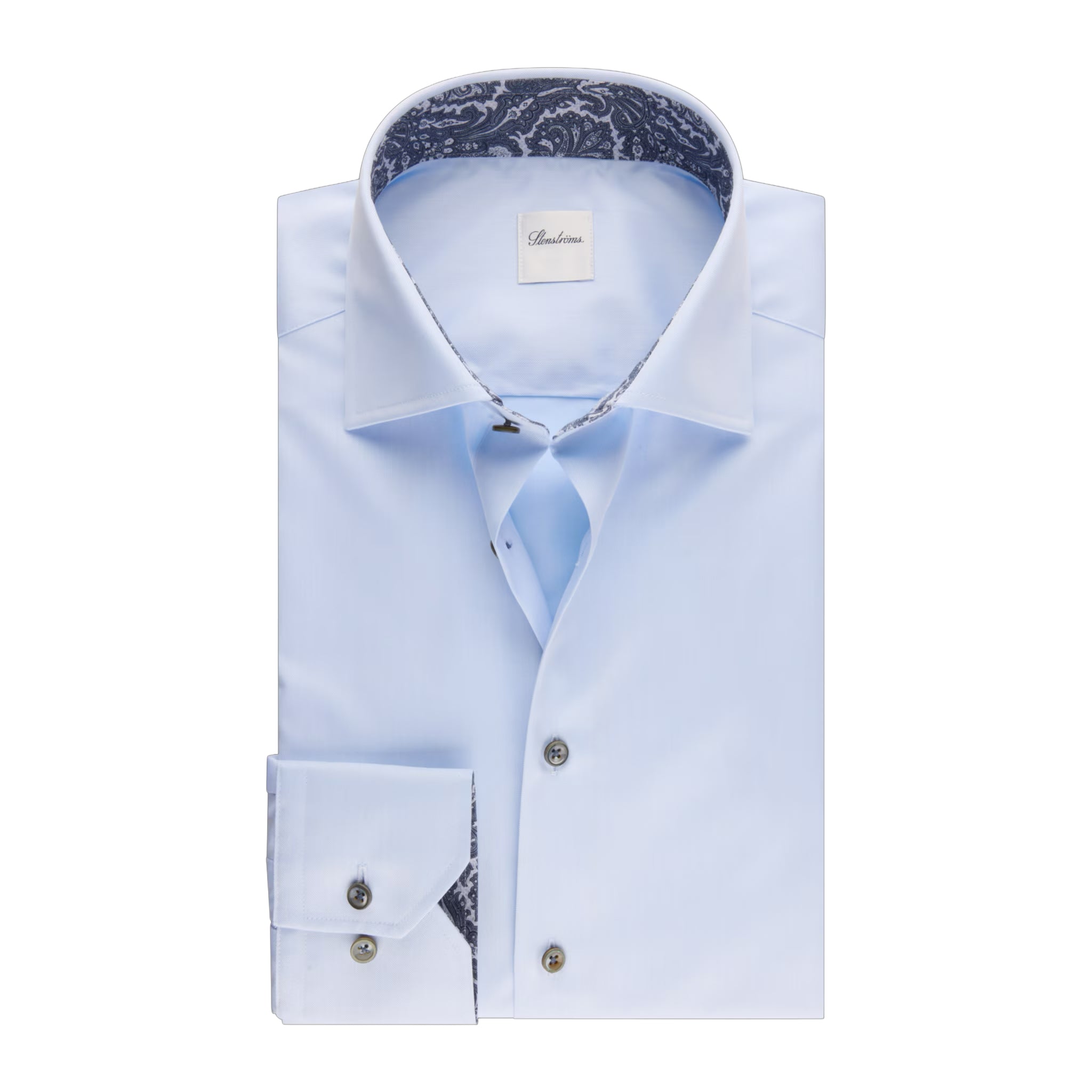 Light Blue Solid Twill Regular Fit Shirt w/ Paisley Trim - Stenströms