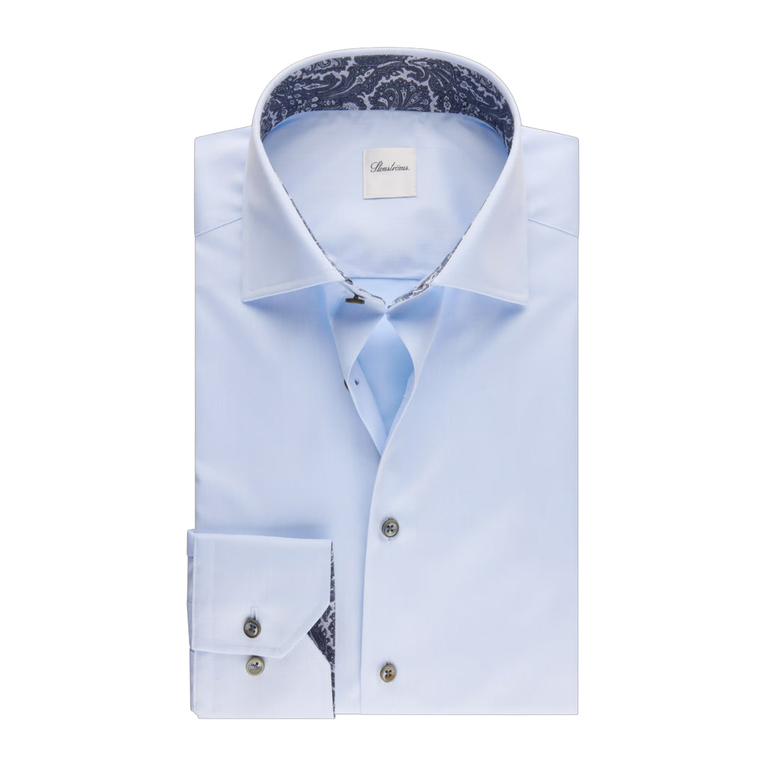 Light Blue Solid Twill Regular Fit Shirt w/ Paisley Trim - Stenströms