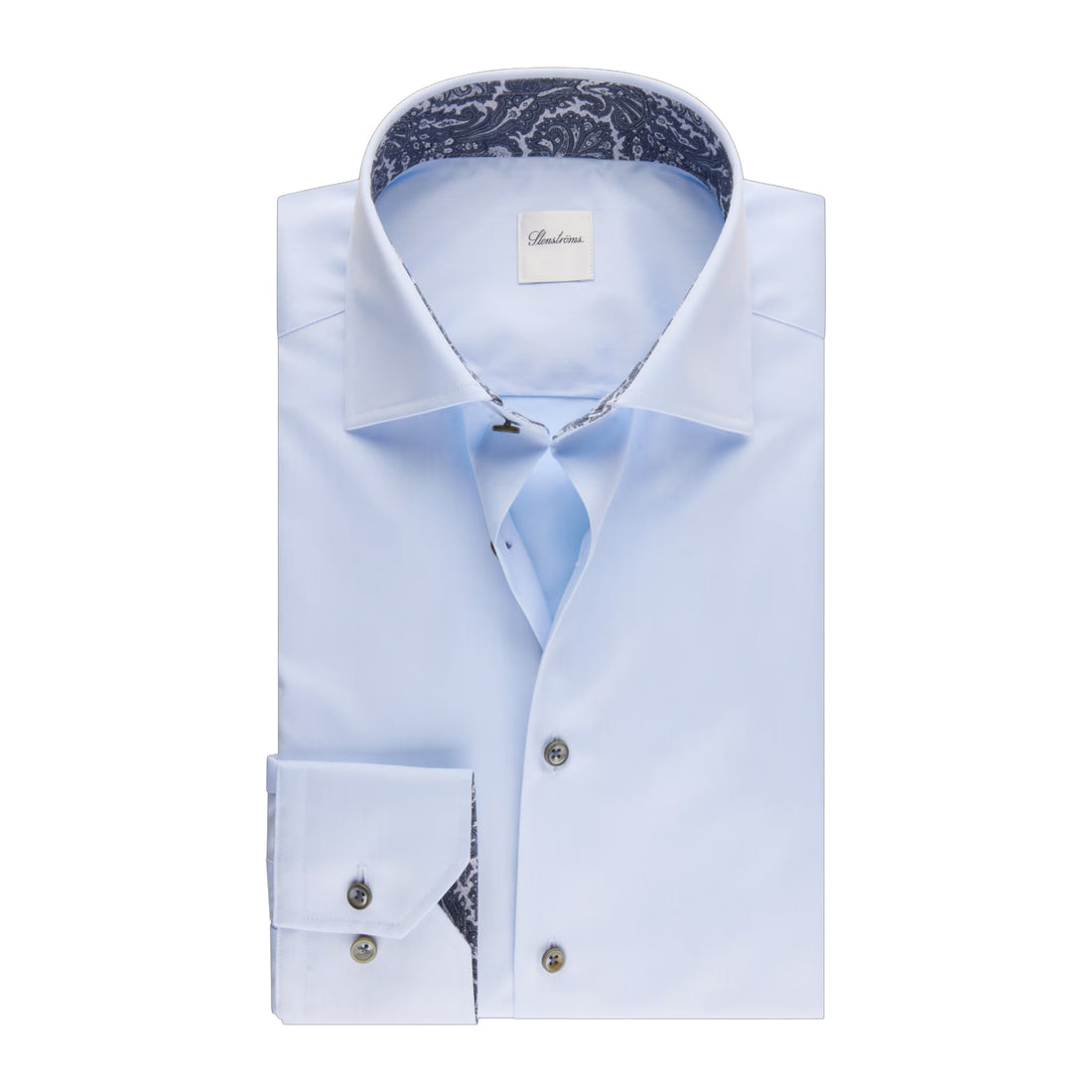 Light Blue Solid Twill Regular Fit Shirt w/ Paisley Trim - Stenströms