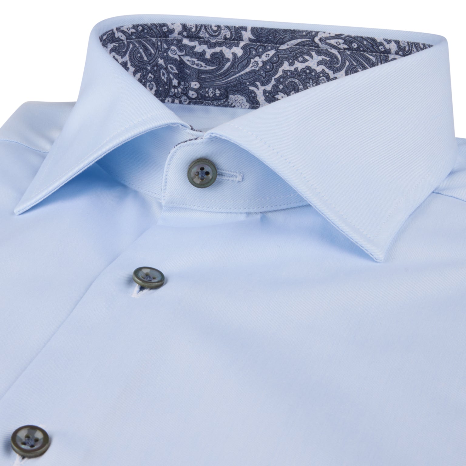 Light Blue Solid Twill Regular Fit Shirt w/ Paisley Trim - Stenströms