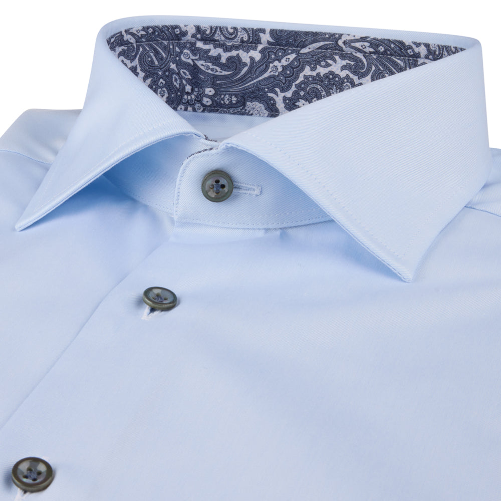 Light Blue Solid Twill Regular Fit Shirt w/ Paisley Trim - Stenströms