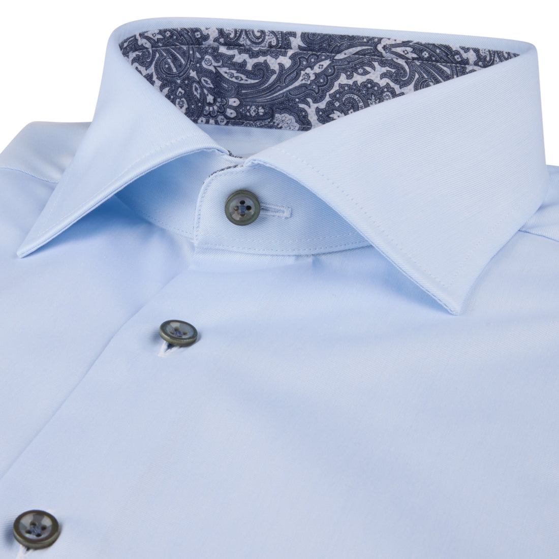 Light Blue Solid Twill Regular Fit Shirt w/ Paisley Trim - Stenströms