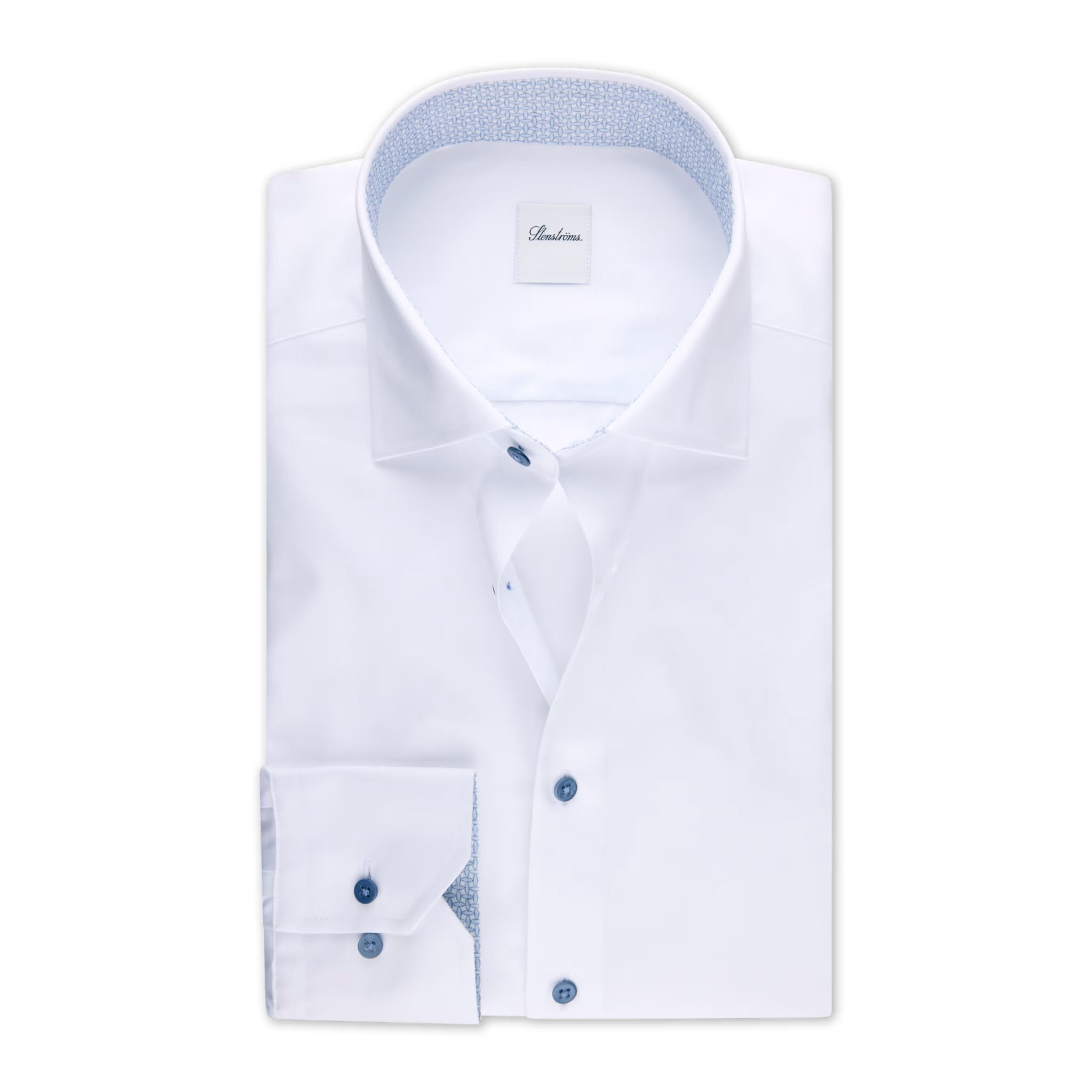 White Twill Regular Fit Dress Shirt with Light Blue Contrast Details - Stenströms - Boutique Jacques International