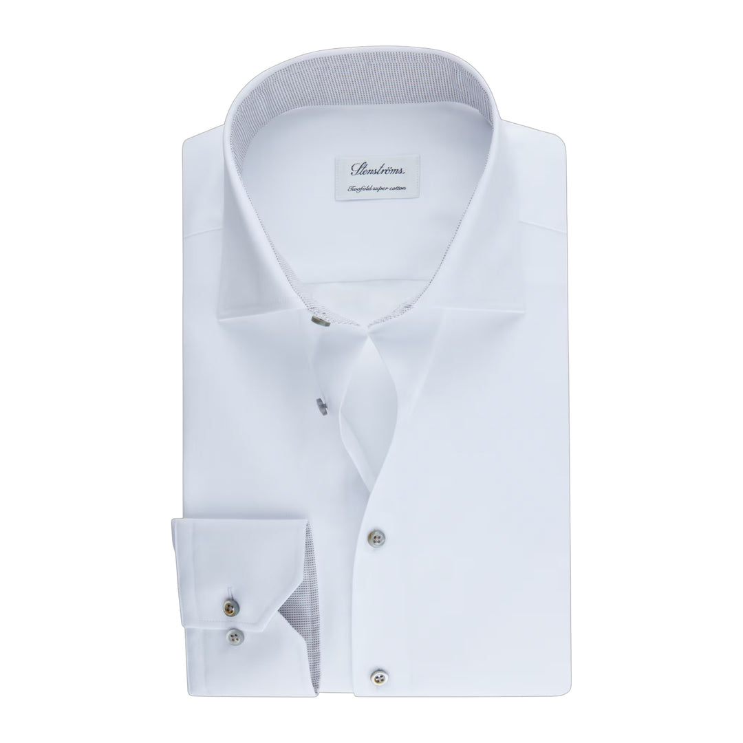 White Twill Fitted Body Shirt with Gray Contrast Details - Stenströms - Boutique Jacques International
