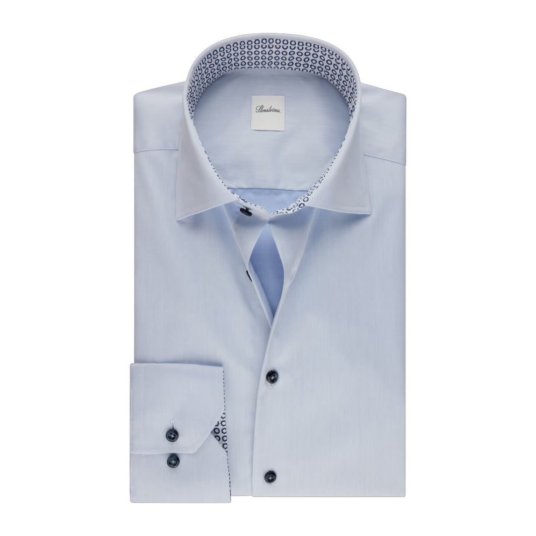 Light Blue Solid Twill Regular Fit Shirt w/ Contrast Trim - Stenströms - Boutique Jacques International