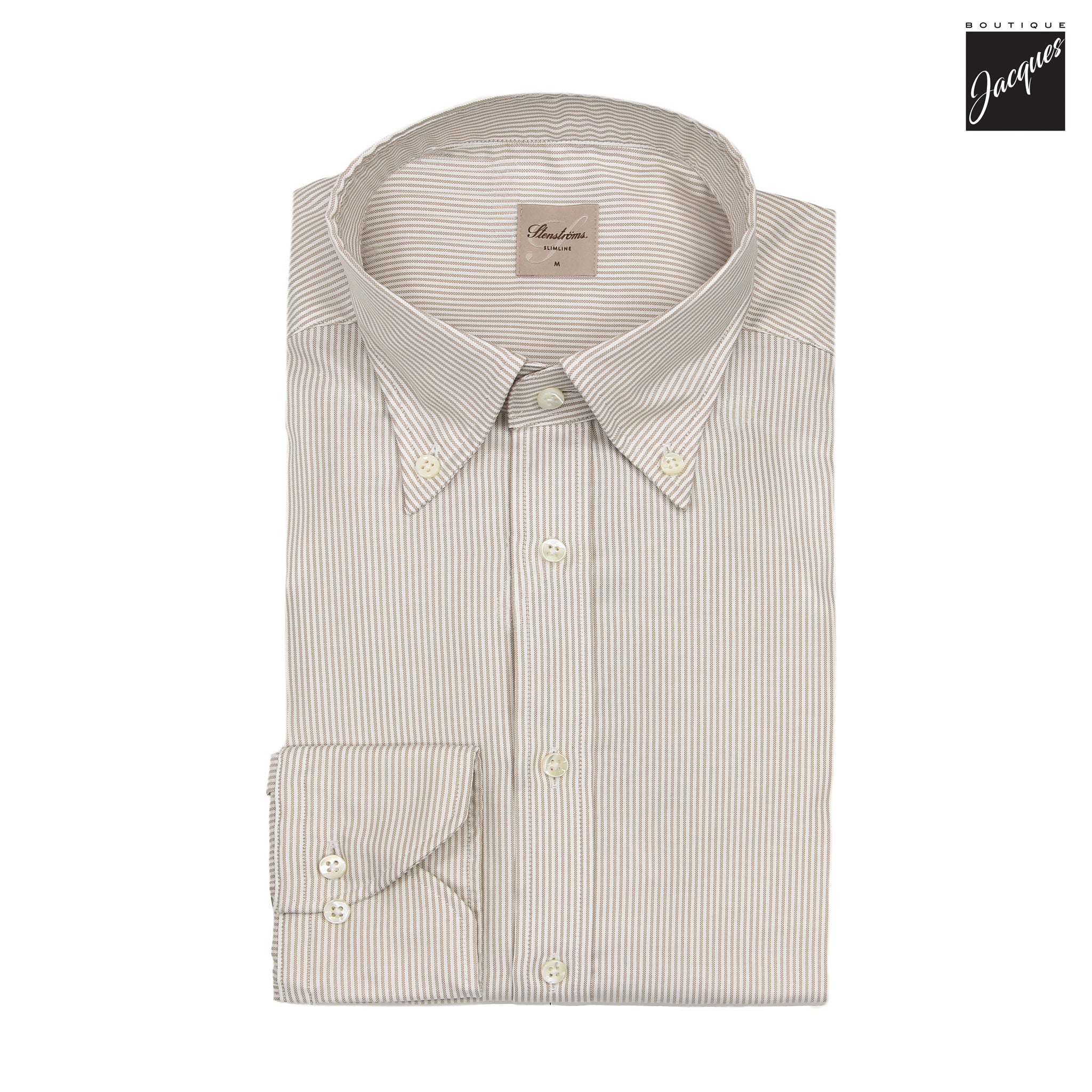 Light Beige Striped Cotton Oxford Slimline Casual Shirt - Stenströms