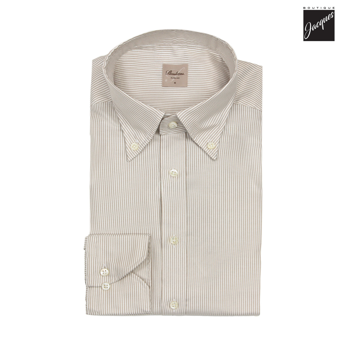 Light Beige Striped Cotton Oxford Slimline Casual Shirt - Stenströms