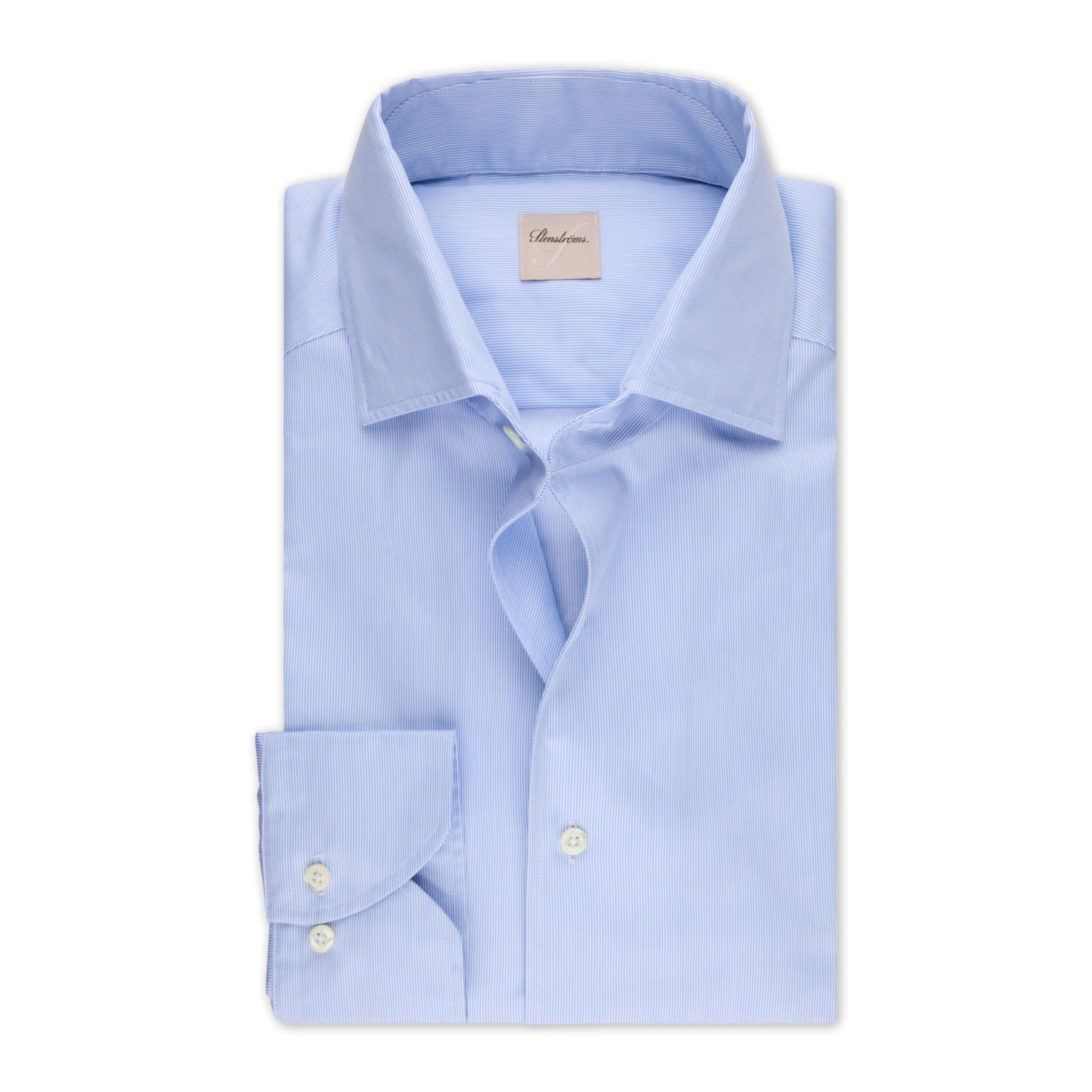 Light Blue Fine Striped Twill One-Piece Collar Slimline Casual Shirt - Stenströms