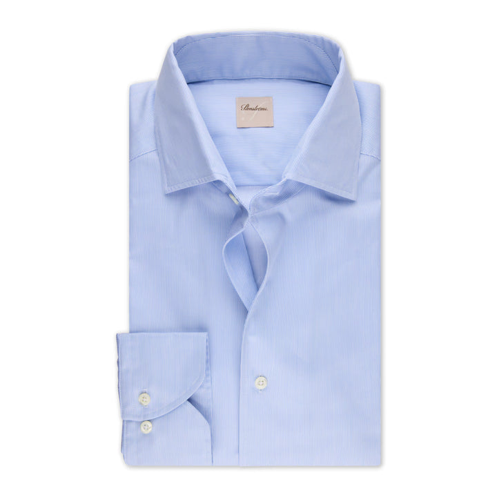 Light Blue Fine Striped Twill One-Piece Collar Slimline Casual Shirt - Stenströms