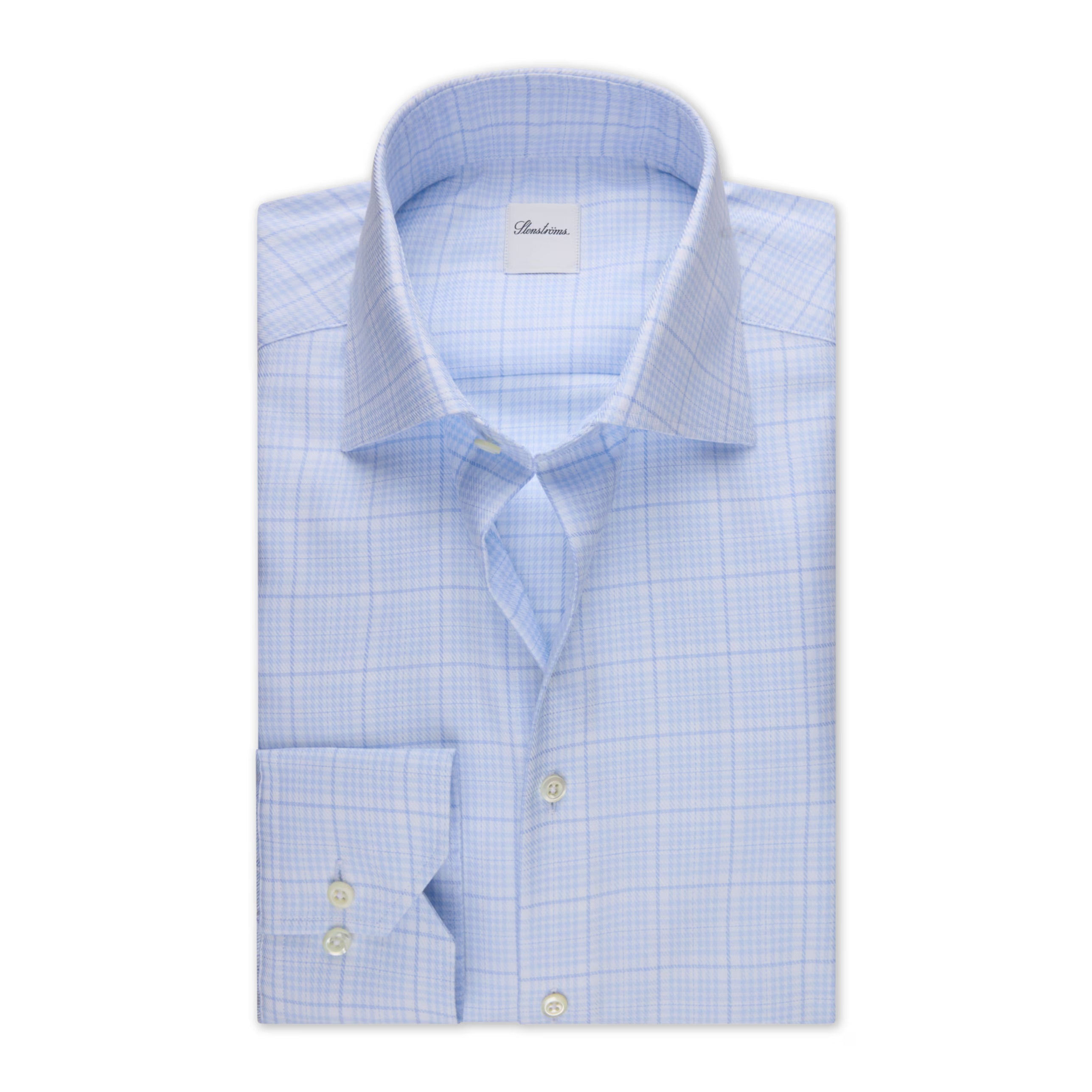 Light Blue Checked Twofold Cotton Stretch Slimline Shirt - Stenströms