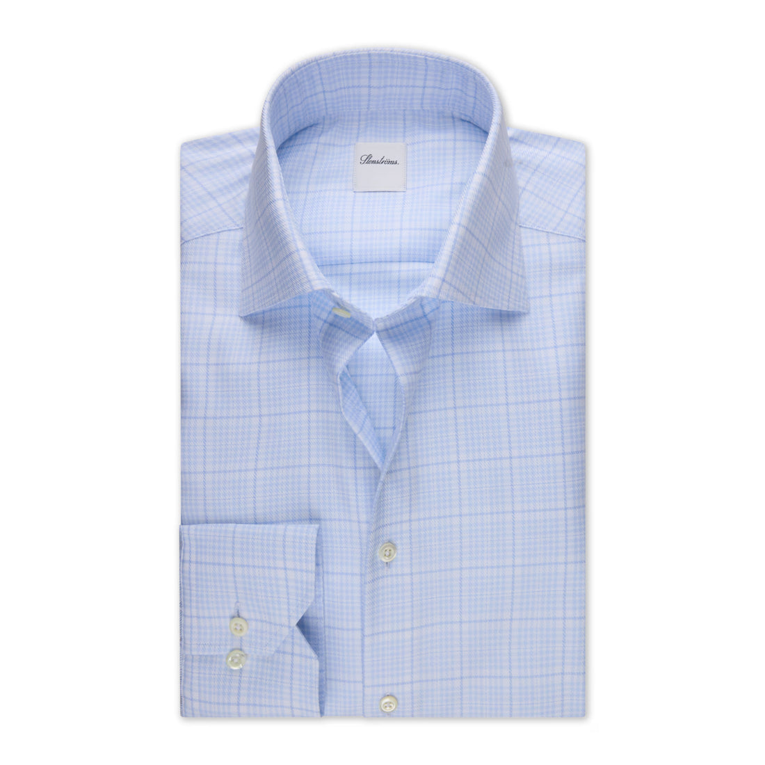 Light Blue Checked Twofold Cotton Stretch Slimline Shirt - Stenströms