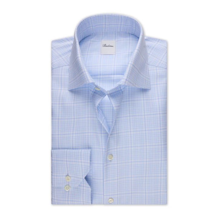 Light Blue Checked Twofold Cotton Stretch Slimline Shirt - Stenströms