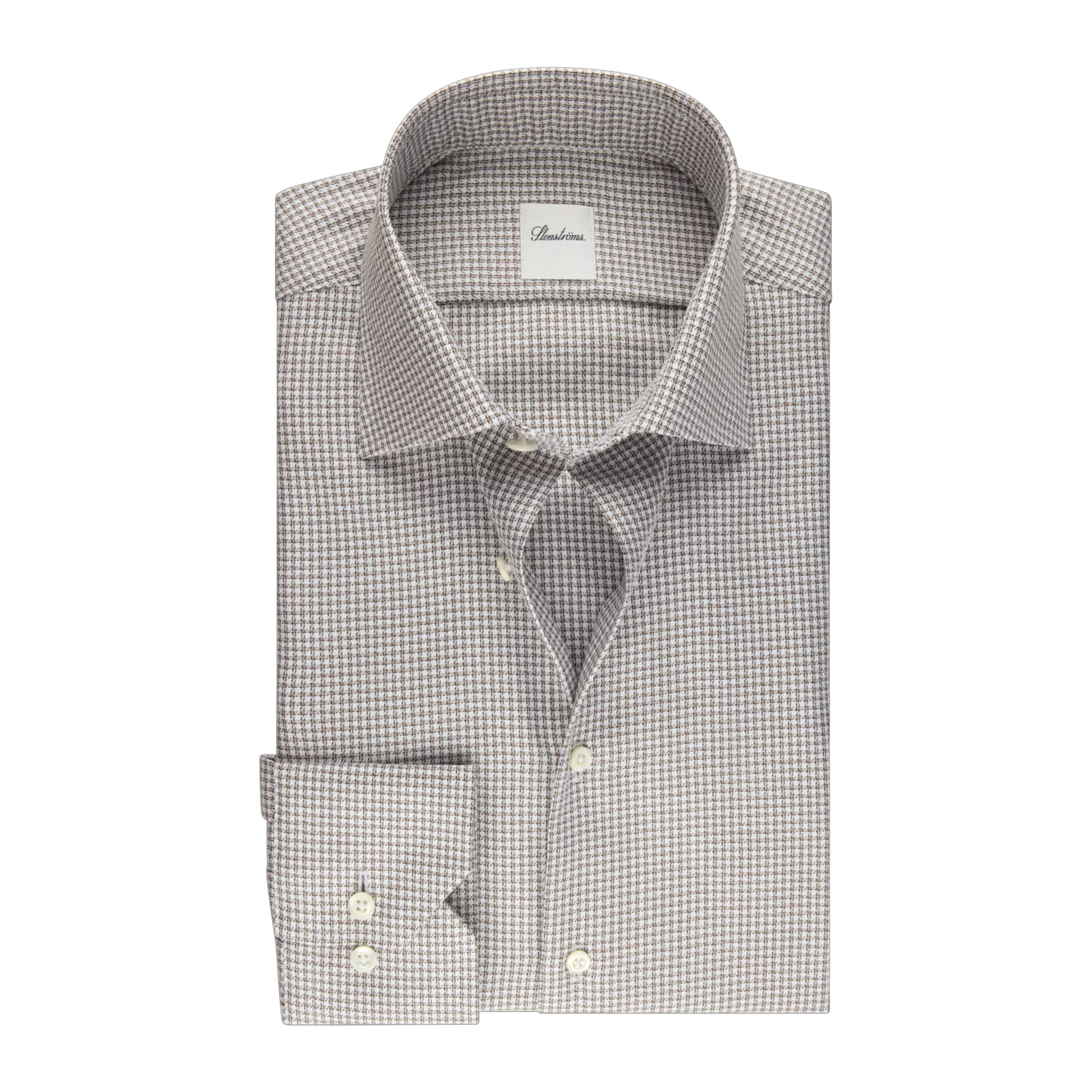 Brown Micro Check Twill Slimline Shirt - Stenströms