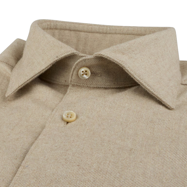 Beige Solid Cotton Flannel Slimline Shirt - Stenströms