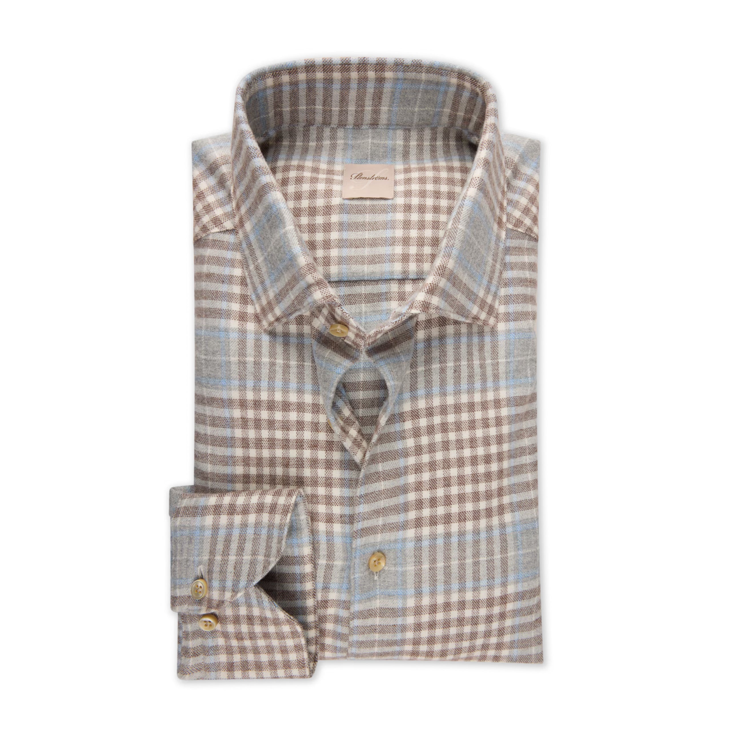 Light Blue & Brown Checked Cotton Flannel Slimline Casual Shirt - Stenströms