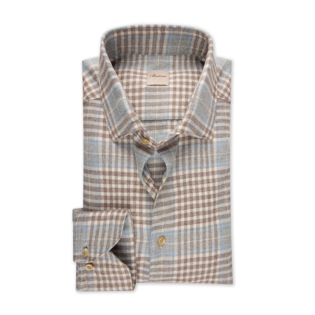 Light Blue & Brown Checked Cotton Flannel Slimline Casual Shirt - Stenströms