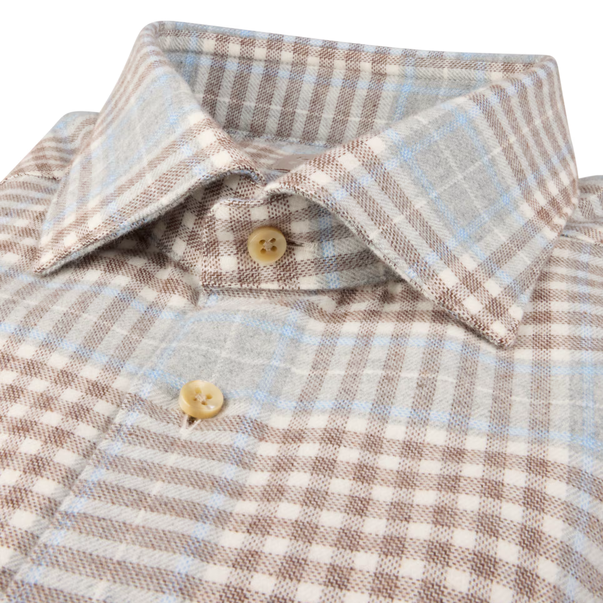 Light Blue & Brown Checked Cotton Flannel Slimline Casual Shirt - Stenströms