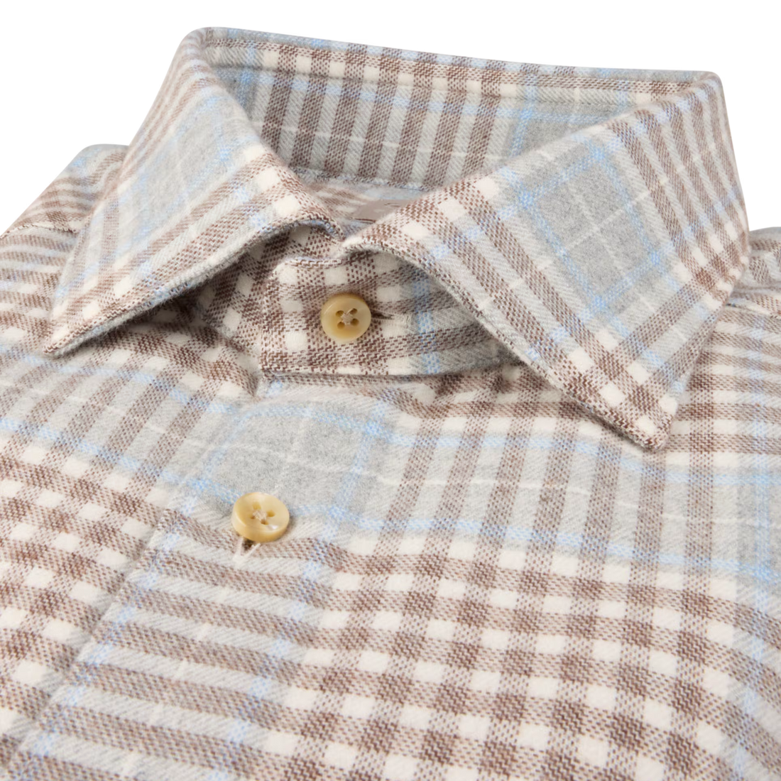 Light Blue & Brown Checked Cotton Flannel Slimline Casual Shirt - Stenströms