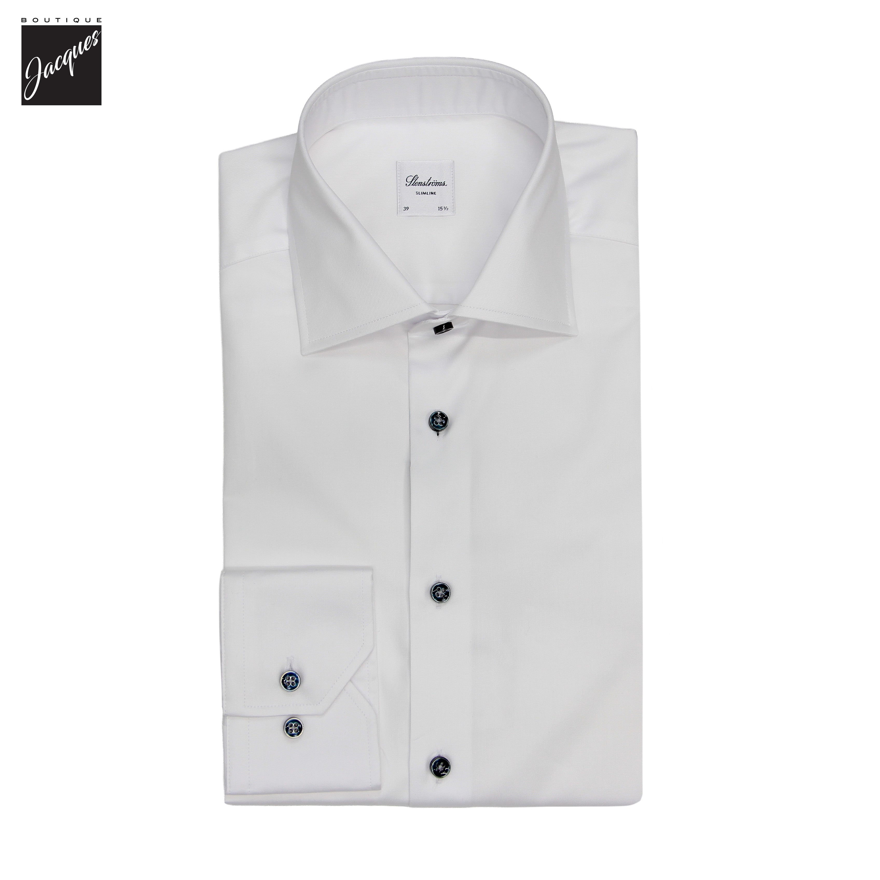 White Cotton Twill Slimline Dress Shirt with Dark Buttons - Stenströms