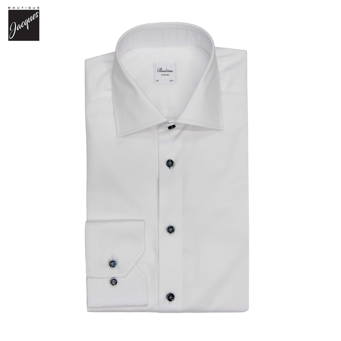 White Cotton Twill Slimline Dress Shirt with Dark Buttons - Stenströms