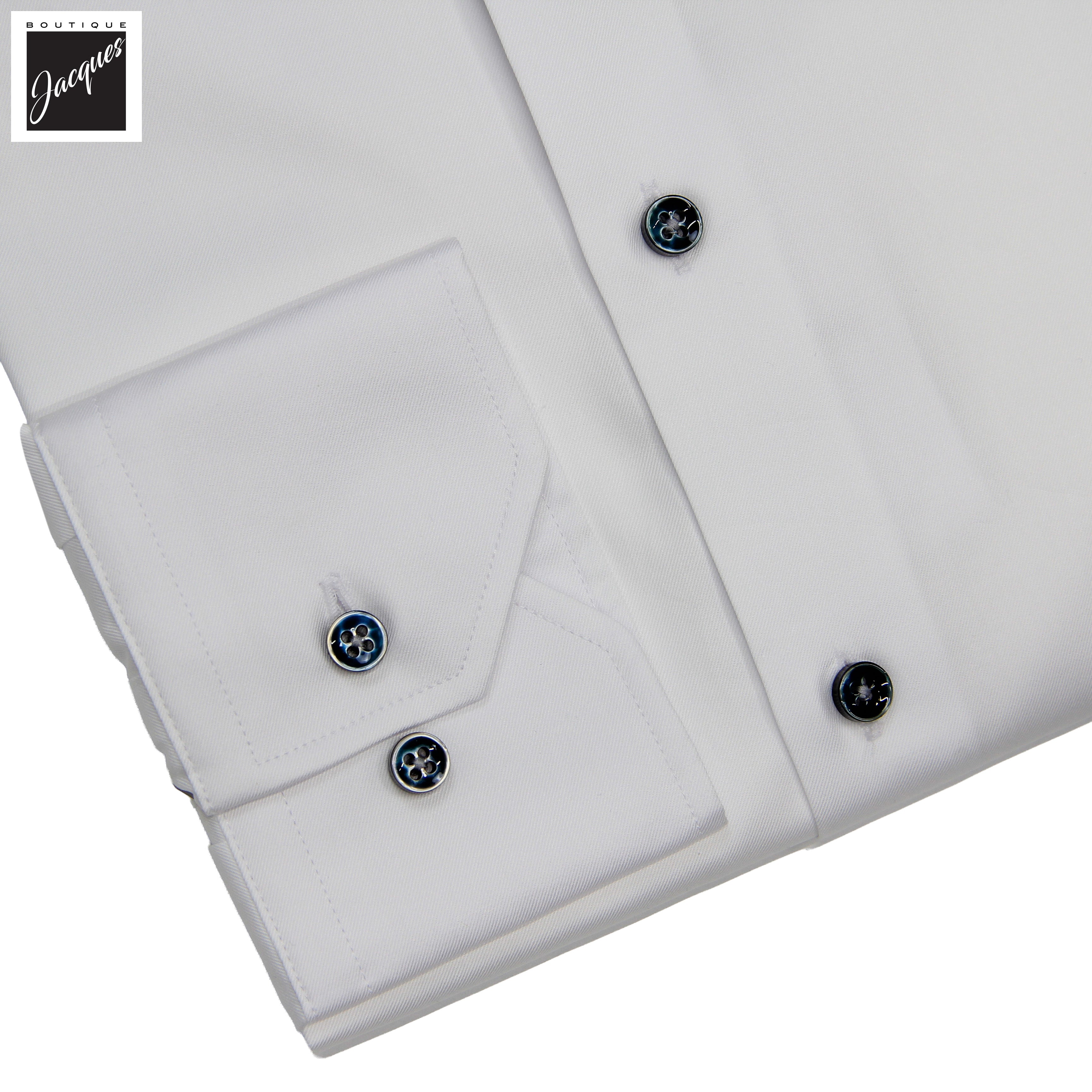 White Cotton Twill Slimline Dress Shirt with Dark Buttons - Stenströms