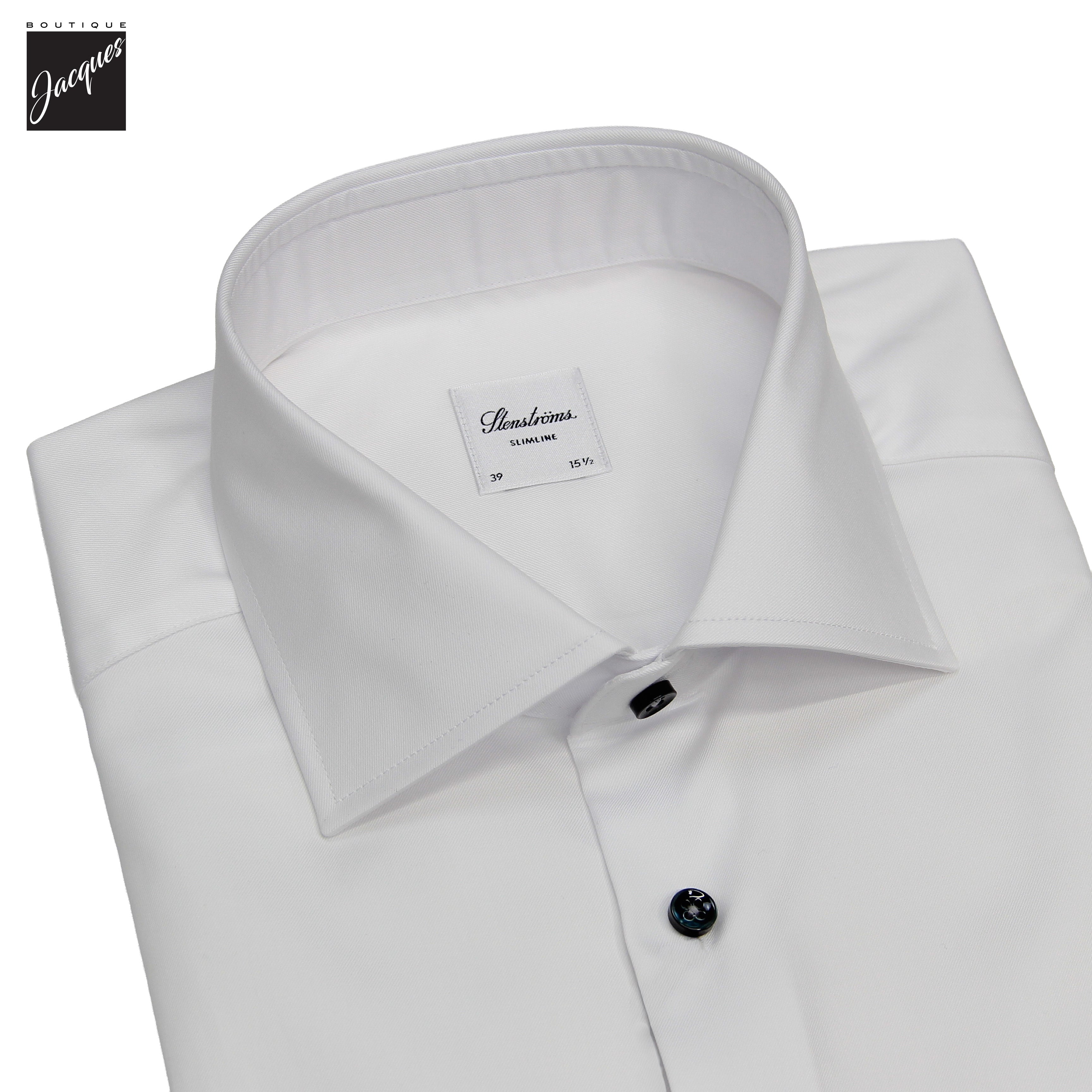 White Cotton Twill Slimline Dress Shirt with Dark Buttons - Stenströms