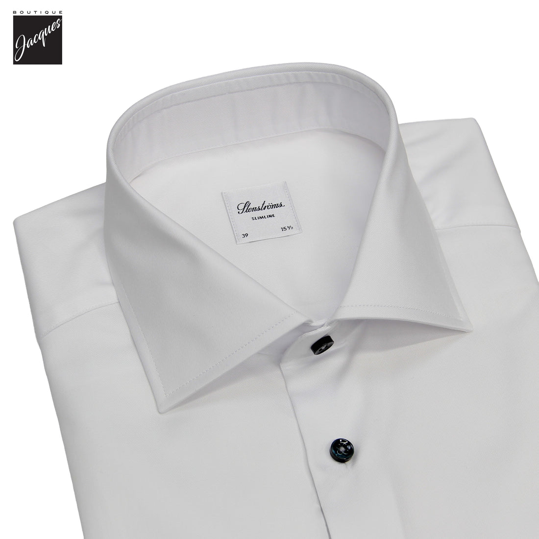 White Cotton Twill Slimline Dress Shirt with Dark Buttons - Stenströms