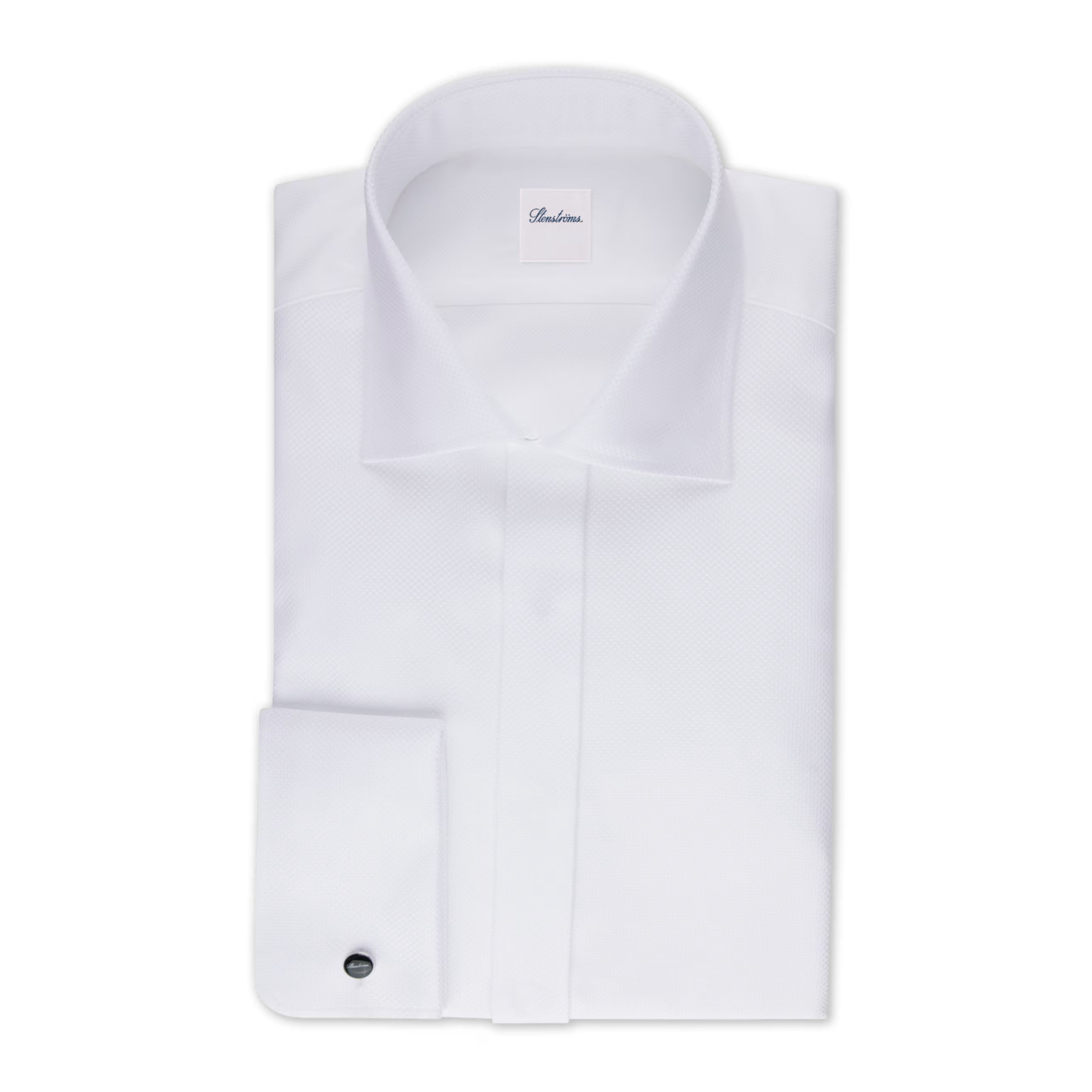 White Textured Cotton Fly-Front Slimline Tuxedo Shirt - Stenströms