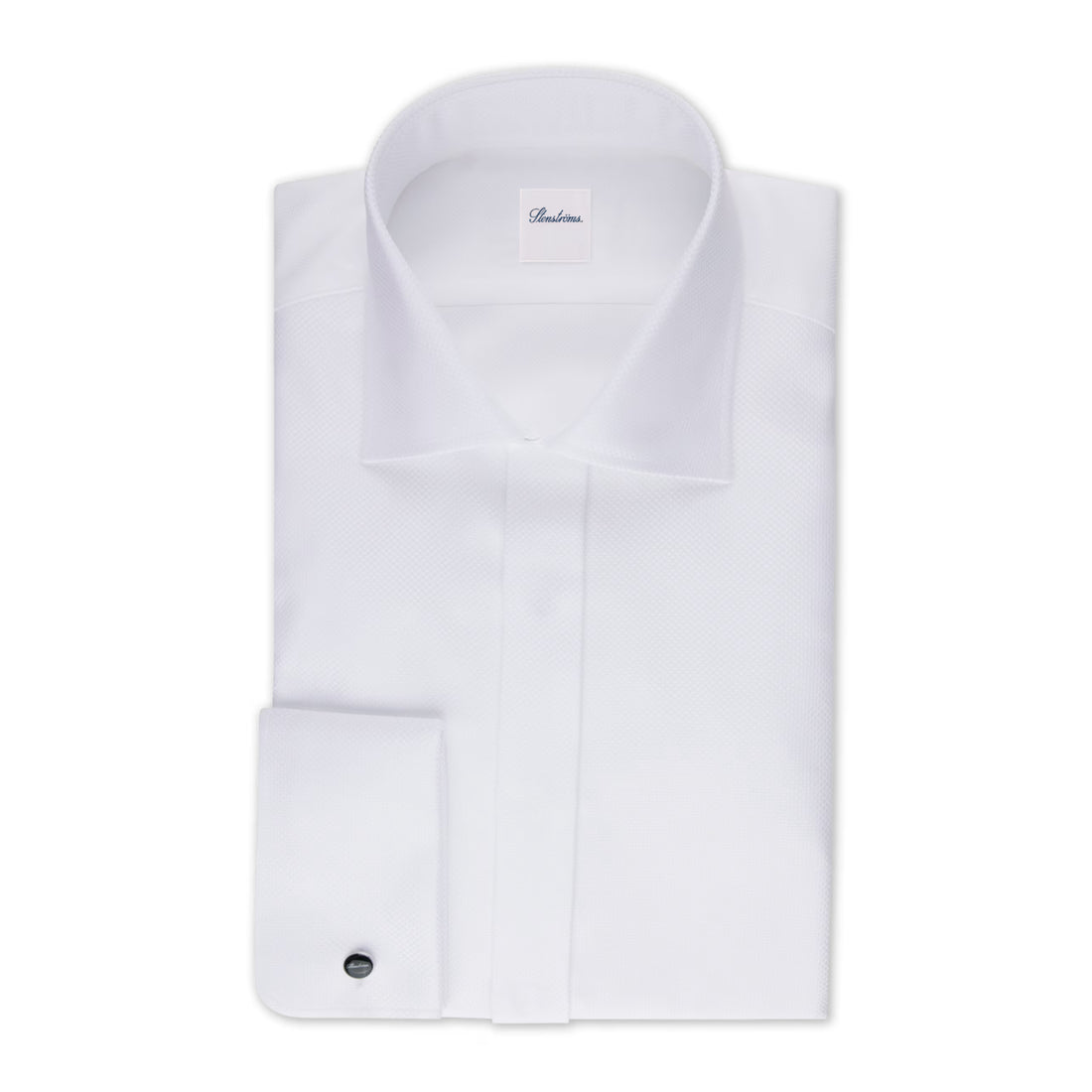 White Textured Cotton Fly-Front Slimline Tuxedo Shirt - Stenströms