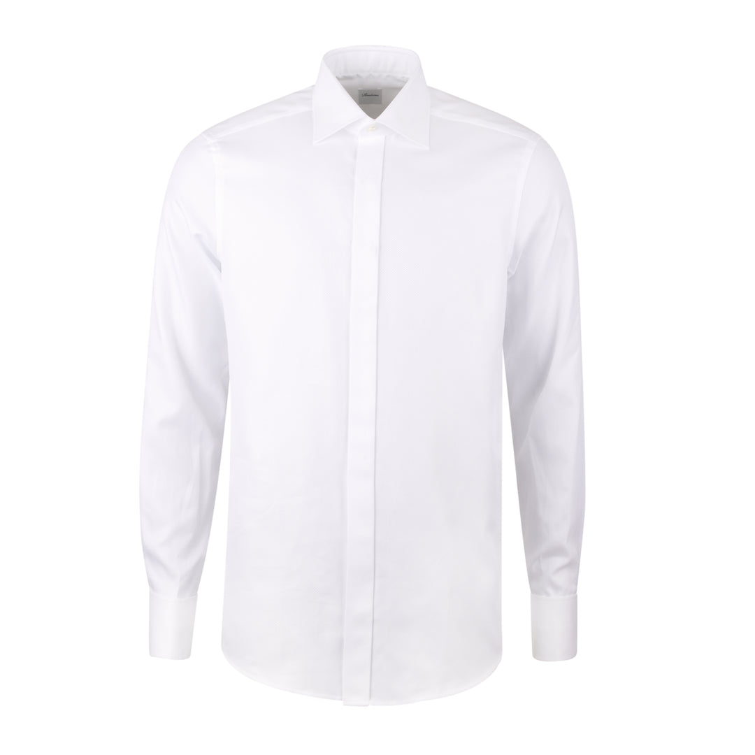 White Textured Cotton Fly-Front Slimline Tuxedo Shirt - Stenströms