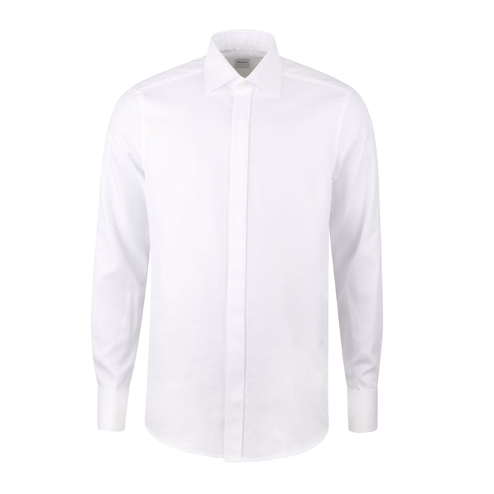 White Textured Cotton Fly-Front Slimline Tuxedo Shirt - Stenströms
