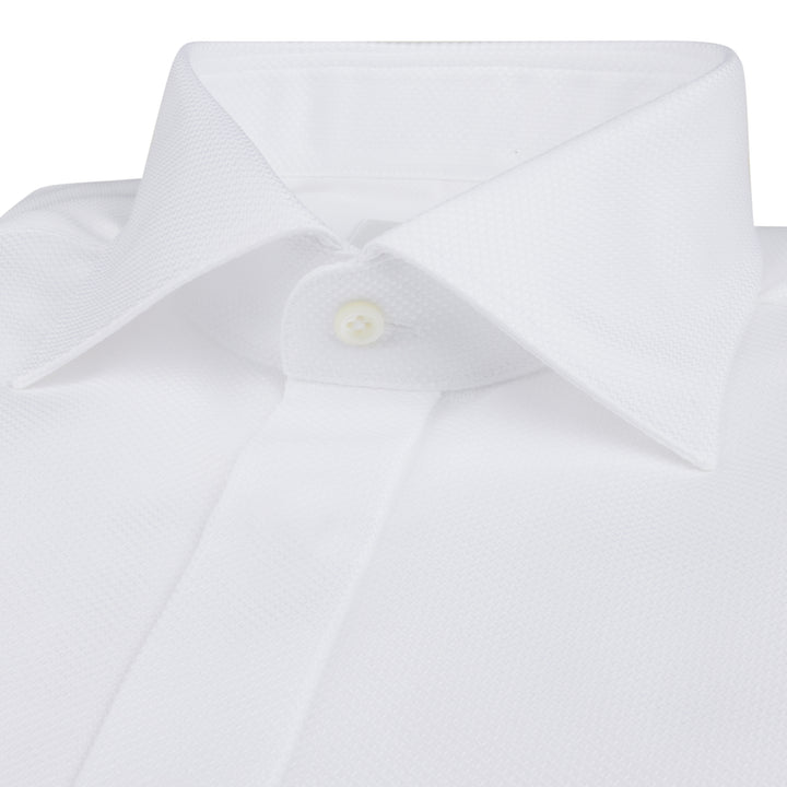White Textured Cotton Fly-Front Slimline Tuxedo Shirt - Stenströms