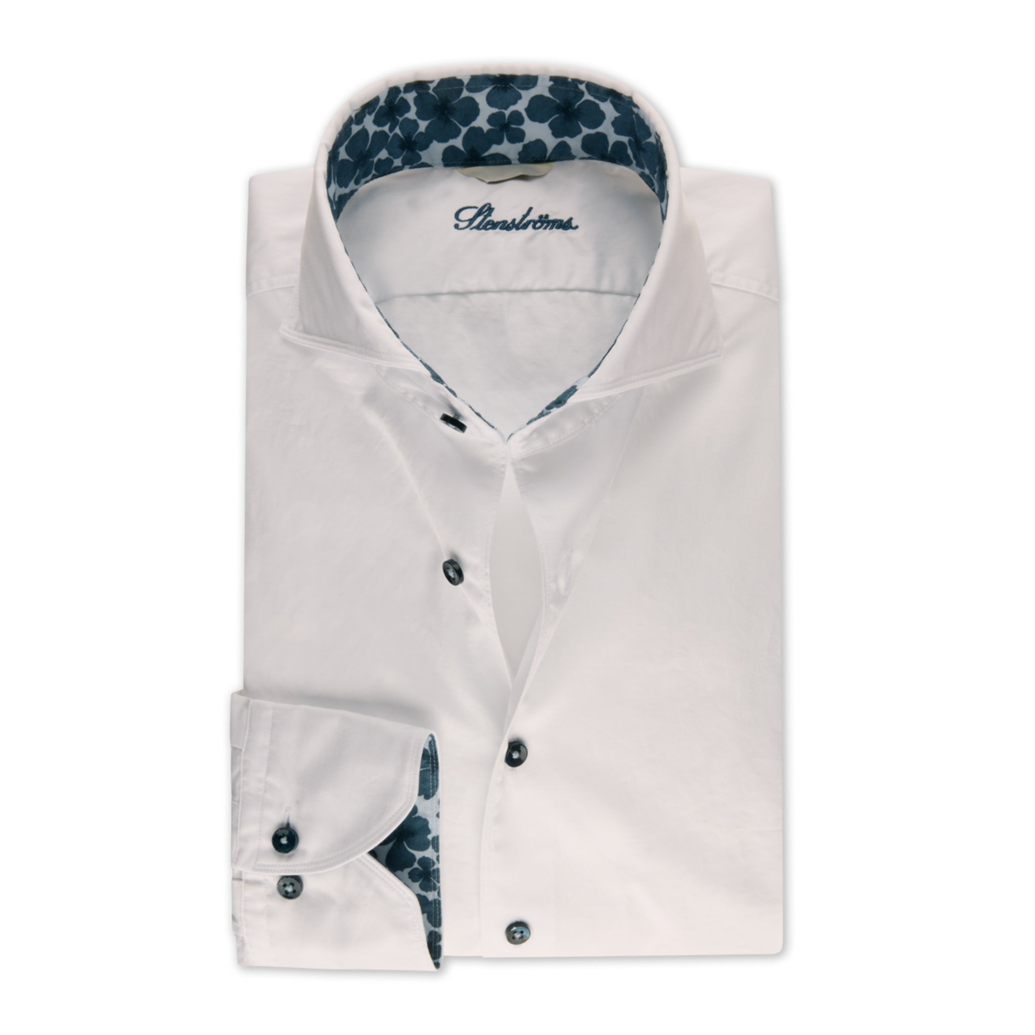 White Garment Wash Slimline Casual Shirt with Blue Floral Trim - Stenströms