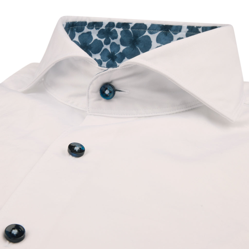 White Garment Wash Slimline Casual Shirt with Blue Floral Trim - Stenströms