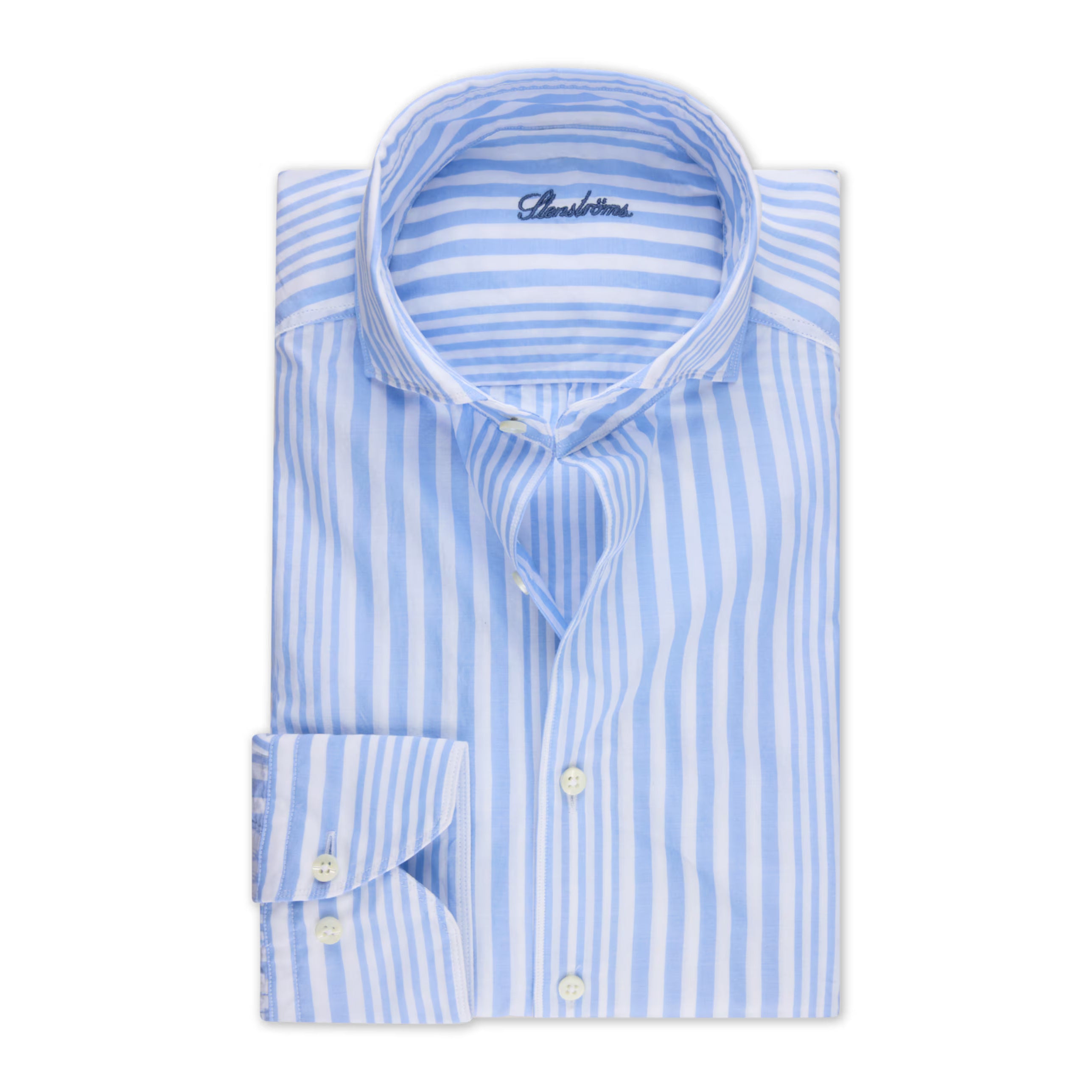 Light Blue Striped Cotton Poplin Slimline Casual Shirt - Stenströms