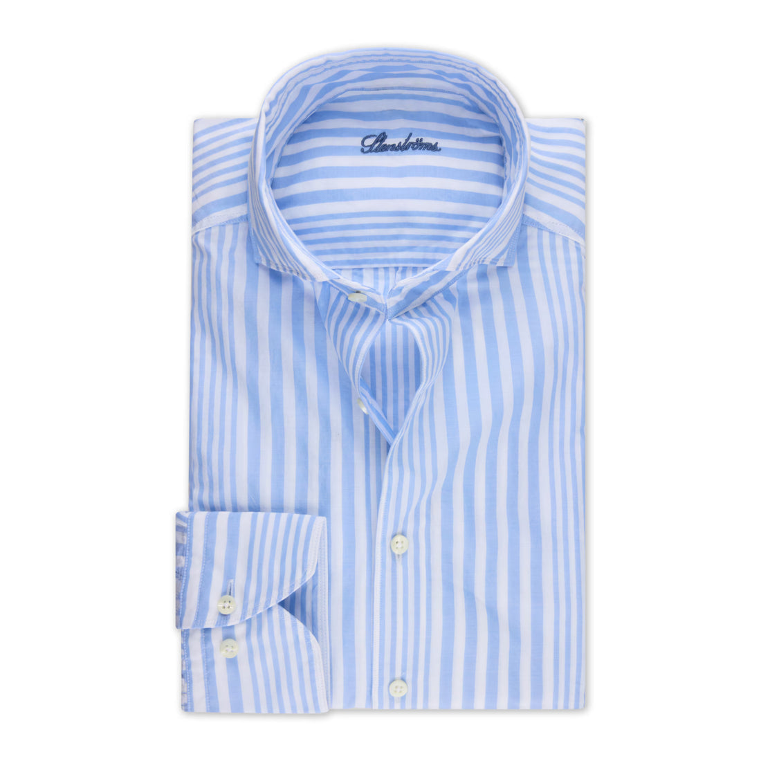 Light Blue Striped Cotton Poplin Slimline Casual Shirt - Stenströms
